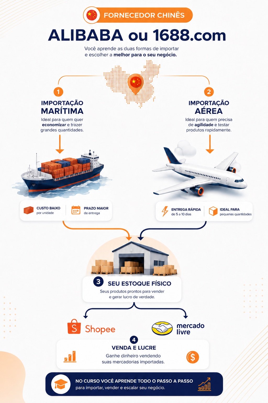 Fluxo de importação: Alibaba/1688, importação marítima e aérea, estoque físico e venda